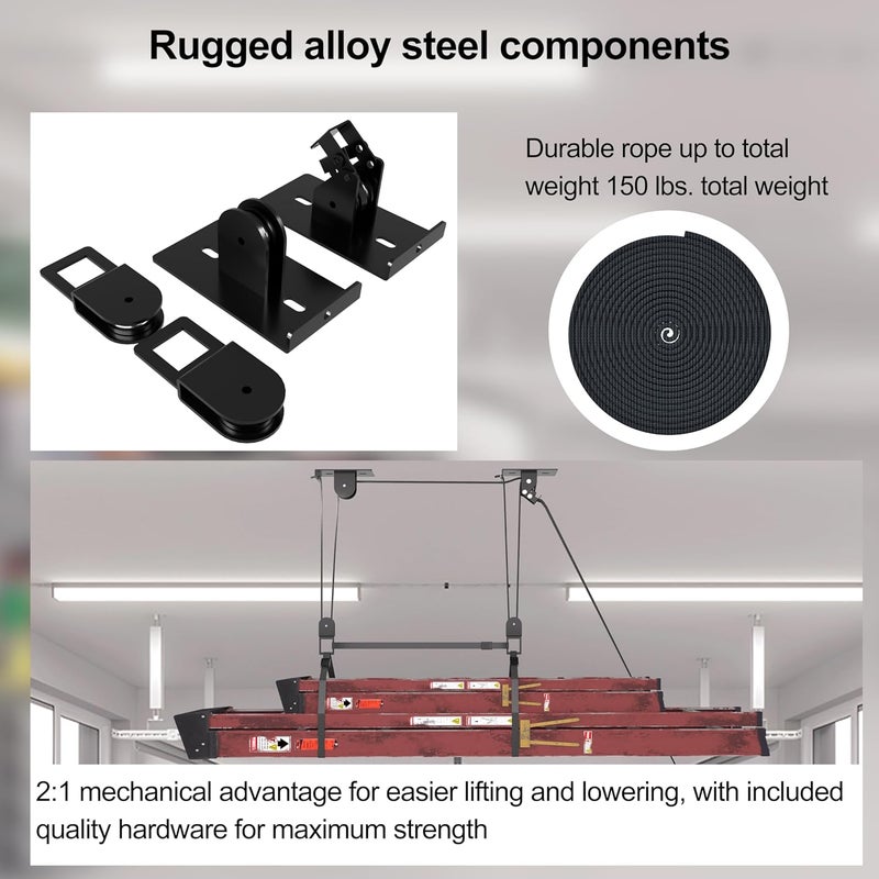TRUSOON Ladder Storage, Larger Pulley Ladder Hoist, Self Locking Function Ladder Hanger, Garage Ceiling Mount Lift System for Kayak, Cargo Box, Canoe, Bike,Fit 10-14 Foot Ceilings, Hold 150 lbs - Image 4